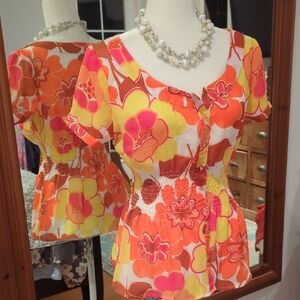 Unique Spectrum Floral Blouse - Orange, Pink, Yellow
